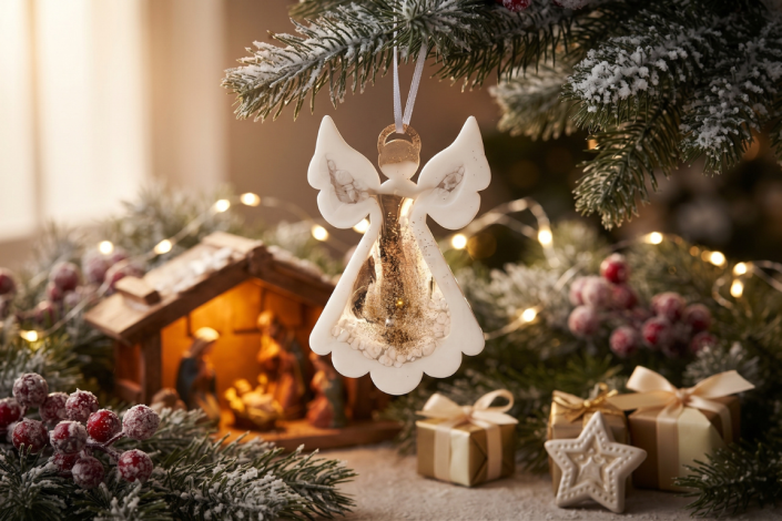Engel aus Epoxidharz in weiß und gold mit weißem Satinband aufgehängt an einem Tannenzweig. Im Hintergrund ist eine beleuchtete Krippe, Geschenke, eine Lichterkette und Beeren zu sehen, die alle mit Schnee leicht bedeckt sind