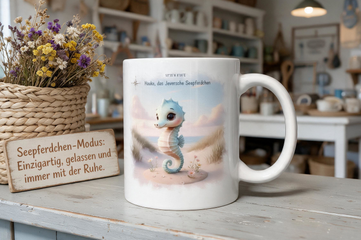 Kaffeebecher „Hauke das Jeversche Seepferdchen“