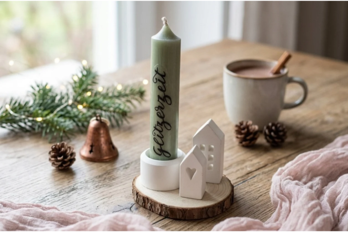Kerzenhalter für Stabkerze mit 2 weißen kleinen Häusern auf Baumscheibe auf einen Holztisch  zu Weihnachten und einer Tasse Kaffee.