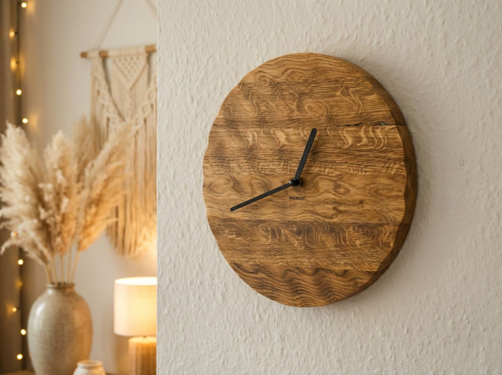 Wanduhr Eiche natur - Zeiger schwarz. Die STruktur sich überschneidender Wasserwellen ist in die Uhr eingearbeitet. Zeit im Fluss.