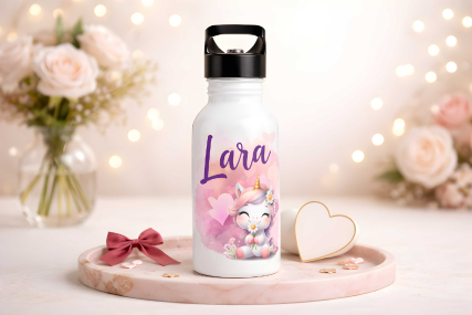 Kinder Trinkflasche Einhorn in Love personalisiert 400-600 ml