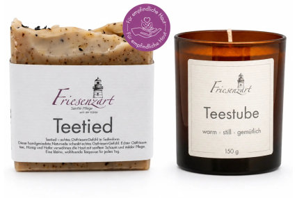Teepause am Deich – Friesenzart Duft- & Pflegeset mit Naturseife Teetied und Duftkerze Teestube