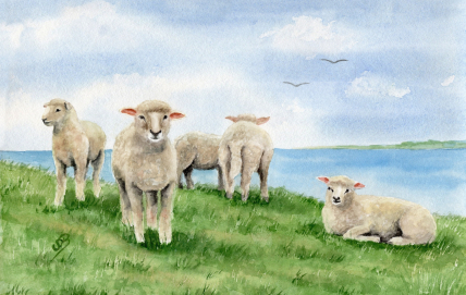 Aquarell Brettchen Frühstücksbrettchen Schafe Deichschafe Nordsee