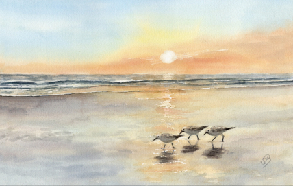Aquarell Brettchen Frühstücksbrettchen Strandläufer Strand Sonnenuntergang Meer Nordsee Vögel