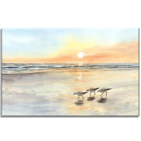 Aquarell Bild Keilrahmen Leinwand 30x20 cm Strandläufer Strand Vögel Sonnenuntergang 