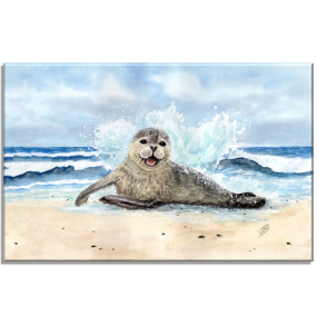 Aquarell Bild Keilrahmen Leinwand 30x20 cm Seehund Robbe Heuler Welle Strand Meer Nordsee