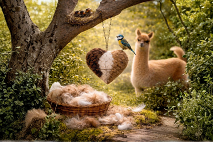 Alpaka-Gartenherz mit Nistwolle für Vögel