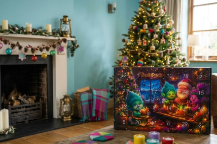 Adventskalender auf Tisch in farbenfroher Weihnachtlichen Wohnzimmer mit Tannenbaum im Hintergrund.