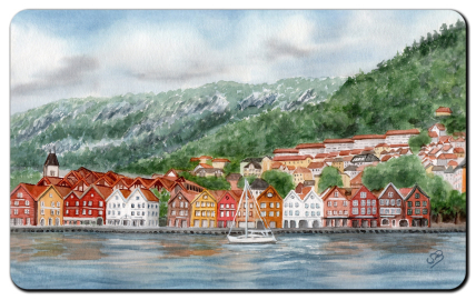 Aquarell Brettchen Frühstücksbrettchen Bergen Norwegen Bryggen