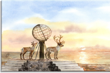 Aquarell Bild Keilrahmen Leinwand 30x20 cm Nordkap Norwegen Mitternachtssonne