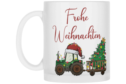 Satinierte Glastasse Frohe Weihnachten Trecker