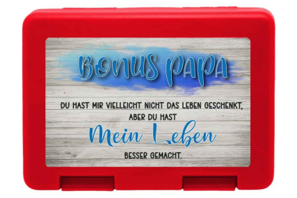Brotdose "Bonus Papa" und Eschenholz-Hintergrund