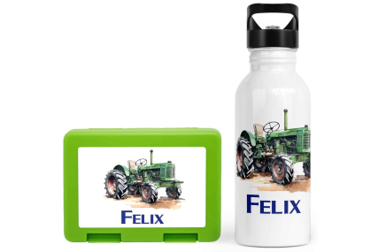 Schulstart Bundle No.8 - Traktor-Design Brotdose & Trinkflasche Personalisierbar
