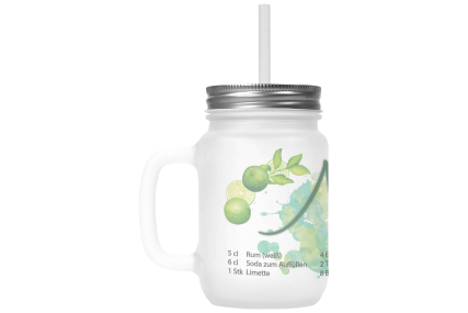 Henkelglas mit Deckel, Trinkhalm und Mojito-Rezept