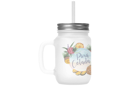 Henkelglas mit Deckel, Trinkhalm und Pina Colada-Rezept