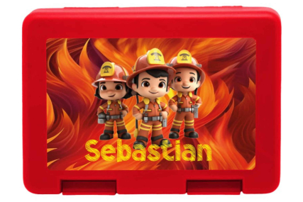 Personalisierte Brotdose mit Feuerwehrcrew-Motiv