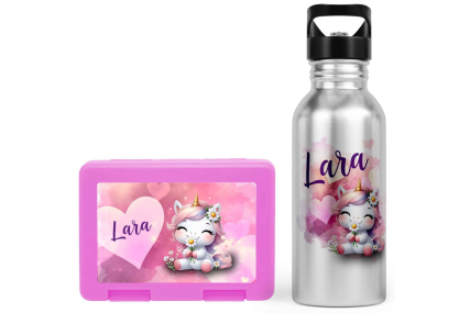 Schulstart Bundle No.9 – Einhorn in Love-Design Brotdose & Trinkflasche