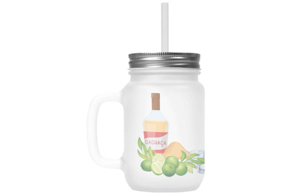 Henkelglas mit Deckel, Trinkhalm und Caipirinha-Rezept