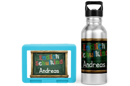 Schulstart Bundle No.5 - "Endlich Schulkind"-Tafel Design Brotdose & Trinkflasche Personalisierbar