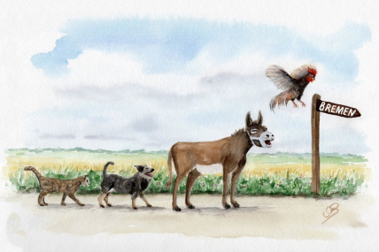 Aquarell Poster Druck Bremen Bremer Stadtmusikanten on tour in DIN A4 