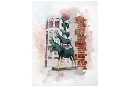 Aquarell Poster Druck Bremen Bremer Stadtmusikanten Statue in DIN A4 