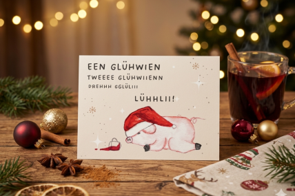 Postkarte: Glühwein-Schweinchen