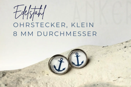 Ohrstecker Edelstahl Anker, blau auf weiß