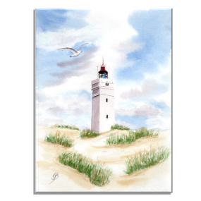 Aquarell Bild Keilrahmen Leinwand 30x20 cm Blåvand Blavand Leuchtturm Dänemark