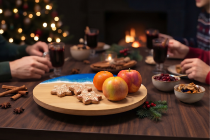 Drehteller aus Bambus mit Meereseffekt aus Epoxidharz auf einem Tisch. Auf dem Drehteller befinden sich zwei Äpfel, eine Mandarine und 3 weihnachtliche Kekse. Der Tisch ist weihnachtlich dekoriert und es befinden sich 3 Personen am Tisch, die jeweils ein 