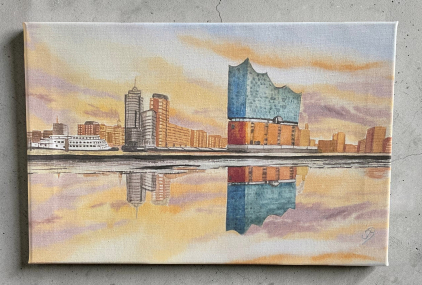 Aquarell Bild Keilrahmen Leinwand 45x30 cm Hamburg Elbphilharmonie Elbe