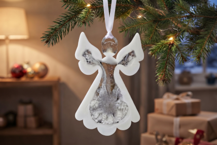 Engel aus Epoxidharz in weiß und silber mit silbernem Heiligenschein. Der Engel hängt an einem Tannenzweig mit Lichterkette und im Hintergrund sind Geschenke und Weihnachtskugeln, sowie eine Tischleuchte in einem Wohnraum zu erahnen.