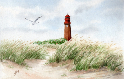 Aquarell Brettchen Frühstücksbrettchen Fehmarn Leuchtturm Flügge Dünen Ostsee