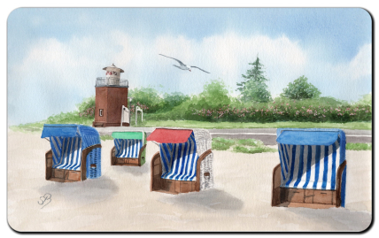 Aquarell Brettchen Frühstücksbrettchen Insel Föhr Strand Strandkörbe Leuchtturm