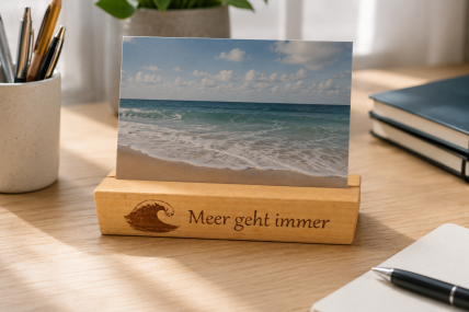 Kartenhalter aus Buchenholz mit Welle und Spruch 