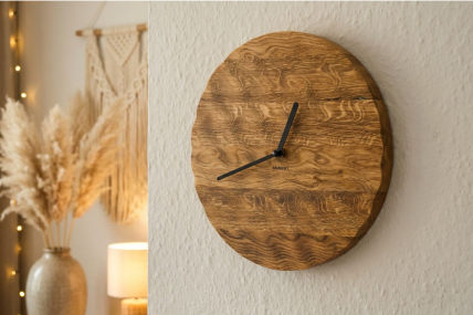 Wanduhr Eiche natur - Zeiger schwarz. Die STruktur sich überschneidender Wasserwellen ist in die Uhr eingearbeitet. Zeit im Fluss.