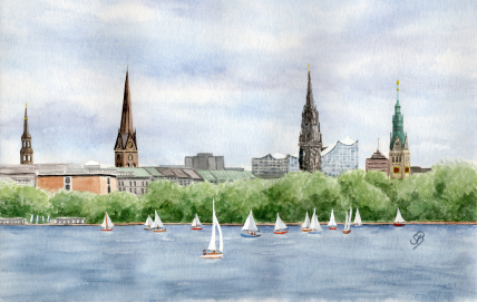 Aquarell Brettchen Frühstücksbrettchen Hamburg Alster Segelschiffe