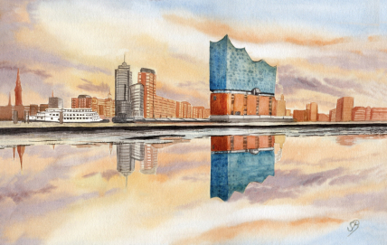 Aquarell Brettchen Frühstücksbrettchen Hamburg Elbe Elbphilarmonie