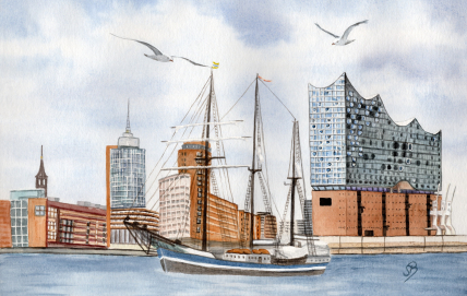 Aquarell Brettchen Frühstücksbrettchen Hamburg Elbe Elbphilarmonie Segelschiff