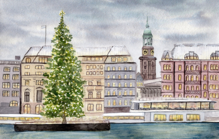 Aquarell Brettchen Frühstücksbrettchen Hamburg Kirche Michel Alster Weihnachten