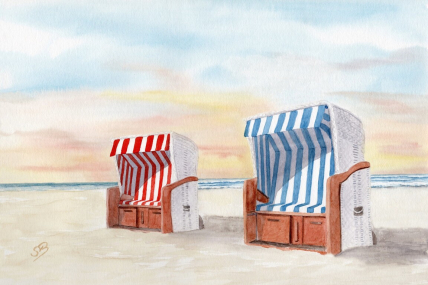 Aquarell Poster Druck  Nordsee Meer Strand Strandkorb in DIN A4 