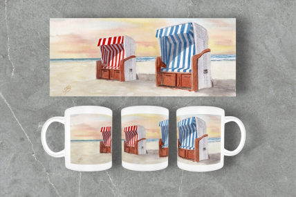 Aquarell Tasse Kaffeebecher Becher Mug  Strand Meer Strandkorb Nordsee Kuehl2B