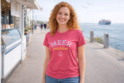 Meermädchen-Shirt - Fuchsia - Druck Hellblau-Gelb-BabyPink