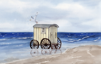 Aquarell Brettchen Frühstücksbrettchen Badekarren Norderney Nordsee Meer Strand