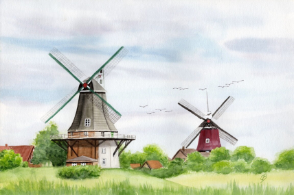 Aquarell Poster Druck Greetsiel Zwillingsmühlen in DIN A4 