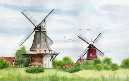 Aquarell Brettchen Frühstücksbrettchen Greetsiel Zwillingsmühlen Mühlen Nordsee OF1