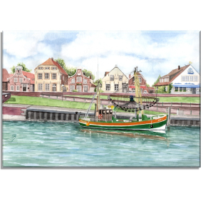 Aquarell Bild Keilrahmen Leinwand 30x20 cm Hafen Greetsiel Ostfriesland 