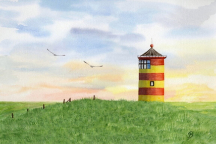 Aquarell Poster Druck Pilsum Greetsiel Pilsumer Leuchtturm in DIN A4 