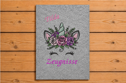 Ordner mit Filzhülle Zeugnisse Einhorn Blumen