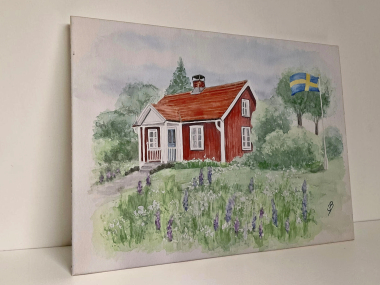 Aquarell Bild Keilrahmen Leinwand 80x60 cm Schweden Schwedenhaus Haus 