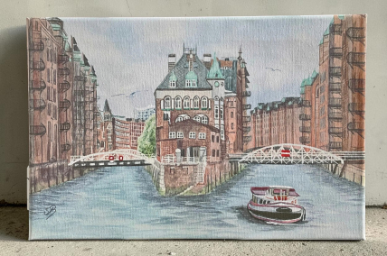 Aquarell Bild Keilrahmen Leinwand 45x30 cm Hamburg Speicherstadt Speicher